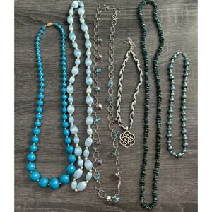 Vintage Lot of 6 Teal And Blue Beaded Statement Necklaces‎